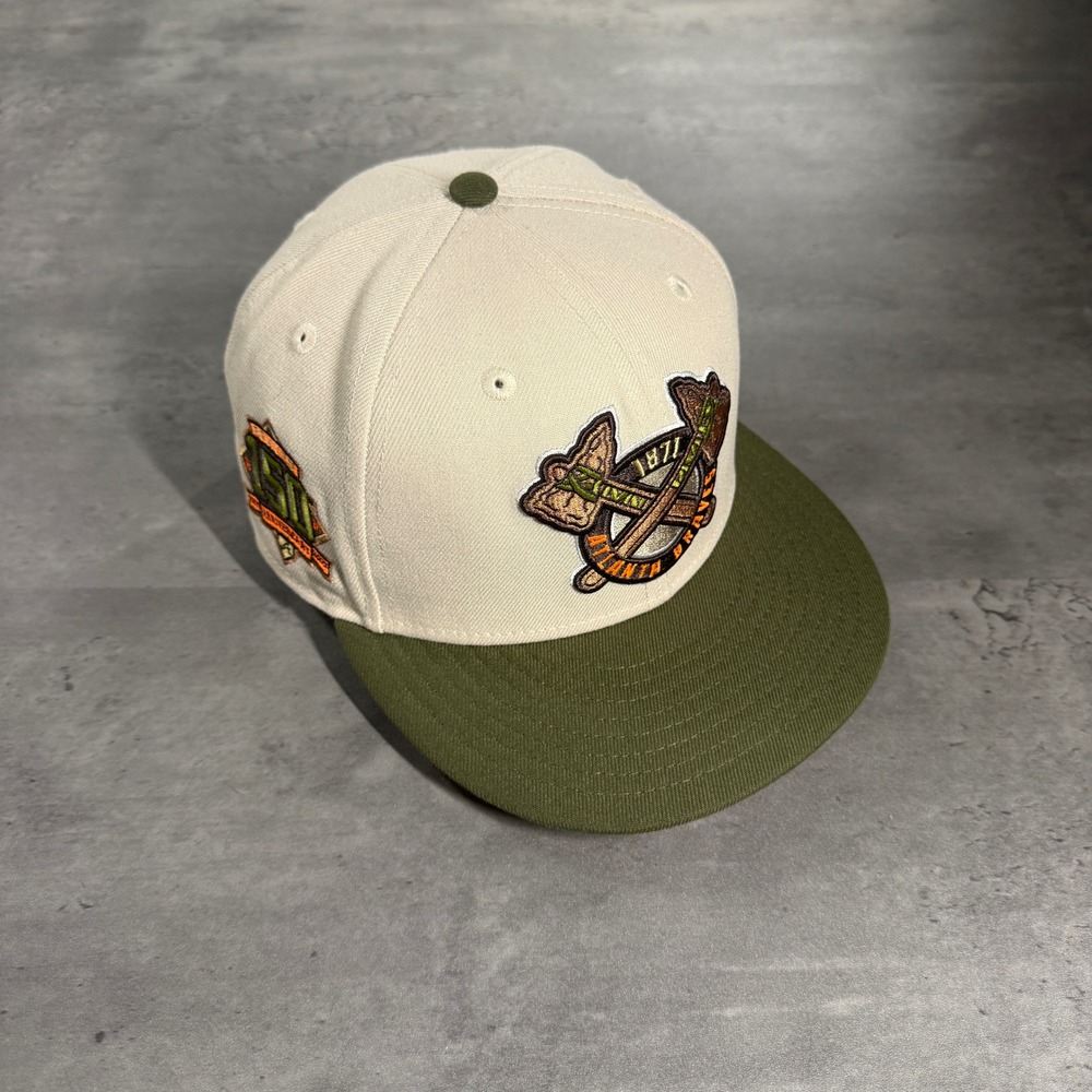 Hat Club Atlanta Braves New‎ Era 7 1/4 Stone Olive Orange 1877 Tomahawk Patch